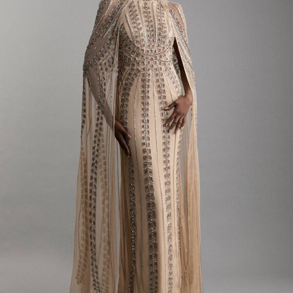 Karen Millen Women's Petite Premium Embellished Cape Maxi Dress in Nude | Size: 4