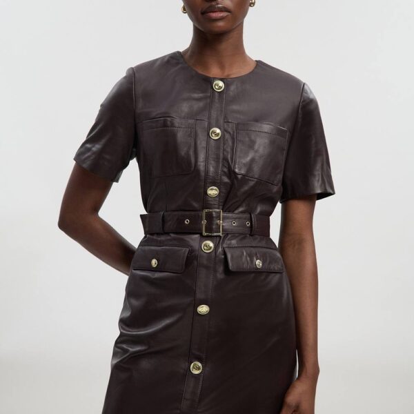 Karen Millen Women's Leather Pocket Belted Mini Dress in Fig | Size: 14