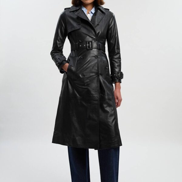 Karen Millen Women's Leather Trench Belted Mac Midi Coat in Black | Size: 8