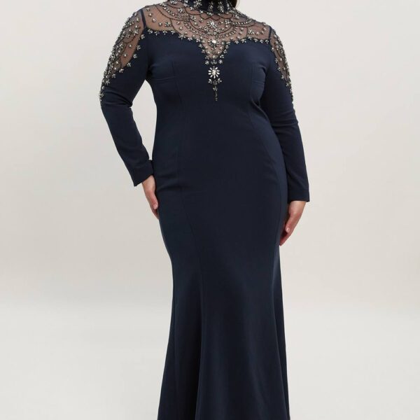 Karen Millen Women's Plus Size Premium Crystal Embellished Woven Maxi Dress in Midnight | Size: 24