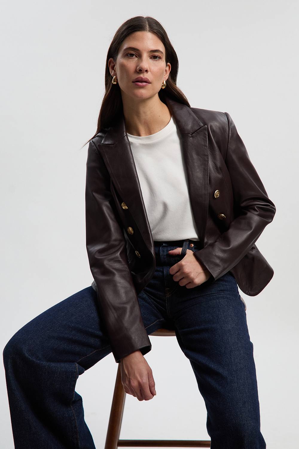 Karen Millen Women's Leather Gold Button Blazer in Mulberry | Size: 6