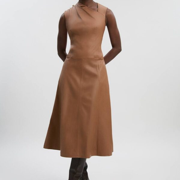 Karen Millen Women's Leather Asymmetric Neck Full Skirt Midi Dress in Camel | Size: 14