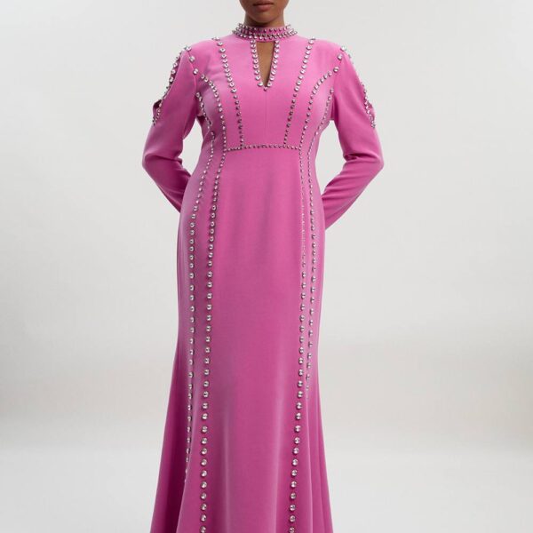 Karen Millen Women's Plus Size Crystal Embellished Woven Plunge Detail Maxi Dress in Rose | Size: 18