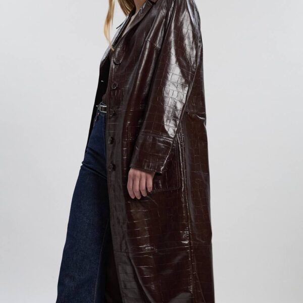 Karen Millen Women's High Shine Croc Embossed Leather Belted Trench Coat in Red | Size: 8