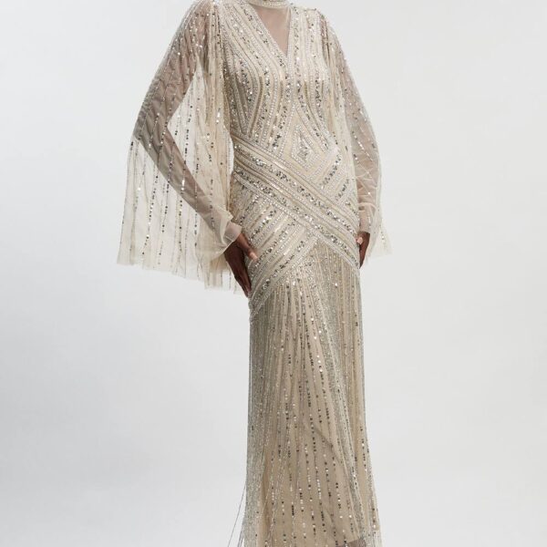 Karen Millen Women's Embellished Woven Maxi Dress With Cape Sleeve in Silver | Size: 6