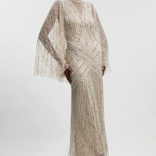 Karen Millen Women's Petite Embellished Woven Maxi Dress With Cape Sleeve in Silver | Size: 4