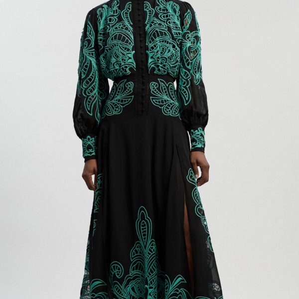 Karen Millen Women's Cutwork Beaded Embroidered Woven Maxi Dress in Aqua | Size: 12