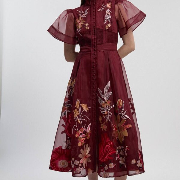 Karen Millen Women's Botanical Embroidery Organdie Angel Sleeve Midi Dress in Purple | Size: 14