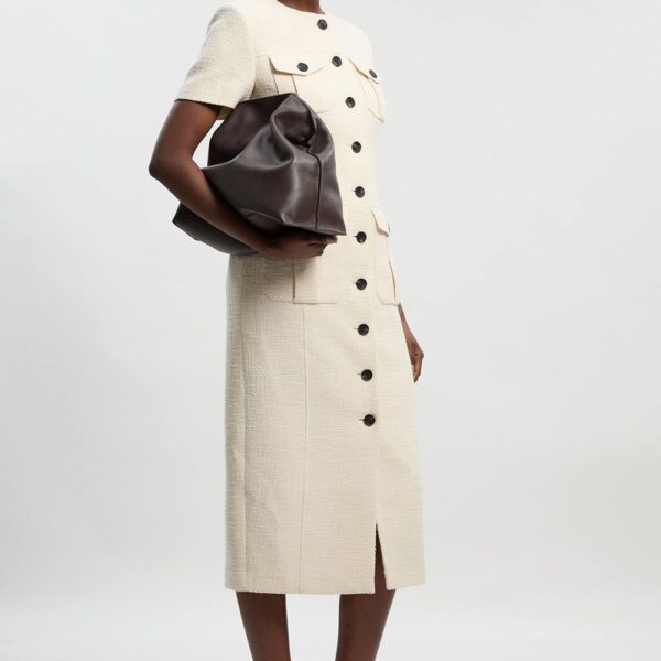 Karen Millen Women's Textured Tweed Tailored Pocket Front Short Sleeve Midi Dress in Cream | Size: 14