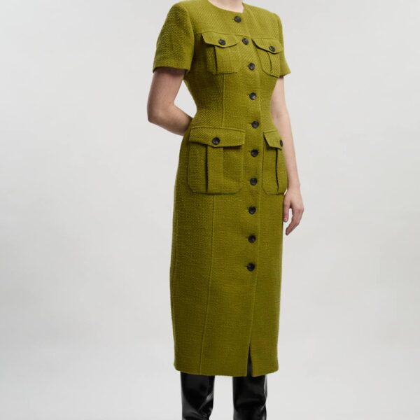 Karen Millen Women's Textured Tweed Tailored Pocket Front Short Sleeve Midi Dress in Olive | Size: 10