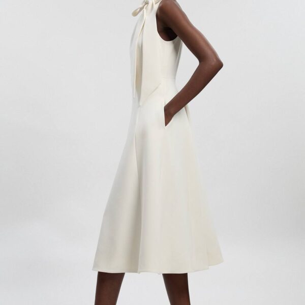 Karen Millen Women's Compact Stretch Bow Tie Neck Full Skirted Midi Dress in Ivory | Size: 16