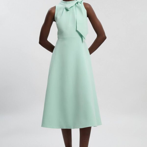 Karen Millen Women's Compact Stretch Bow Tie Neck Full Skirted Midi Dress in Mint | Size: 16