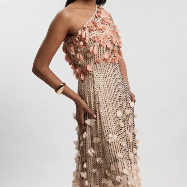 Karen Millen Women's Floral Applique One Shoulder Woven Maxi Dress in Blush | Size: 14