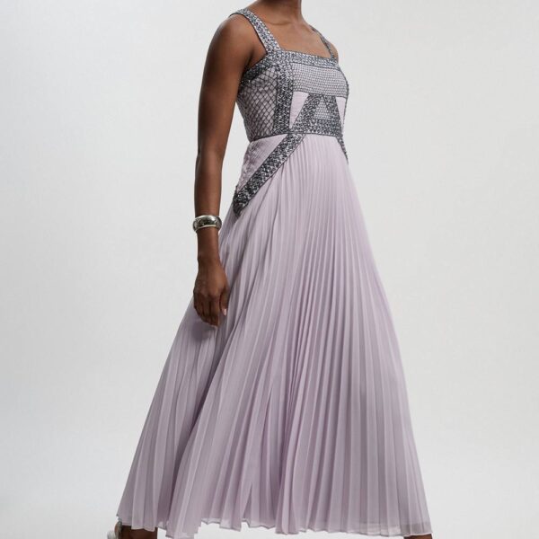 Karen Millen Women's Embellished Pleated Woven Maxi Dress in Lilac | Size: 14