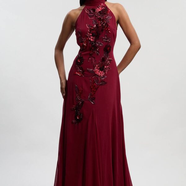 Karen Millen Women's Petite Georgette Feather Embellished Halter Neck Woven Maxi Dress in Wine | Size: 16