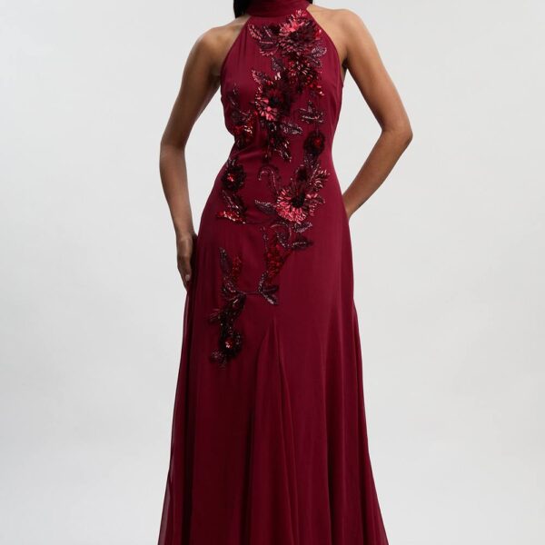 Karen Millen Women's Georgette Feather Embellished Halter Neck Woven Maxi Dress in Wine | Size: 10