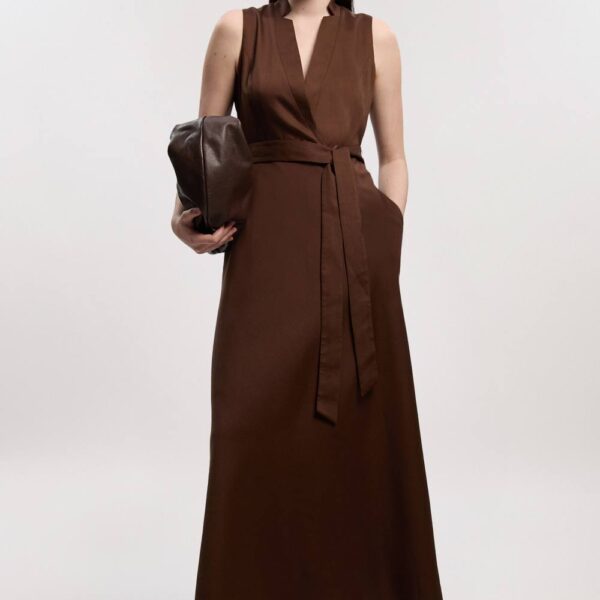 Karen Millen Women's Tailored Linen Wrap Tie Waisted Maxi Dress in Chocolate | Size: 16
