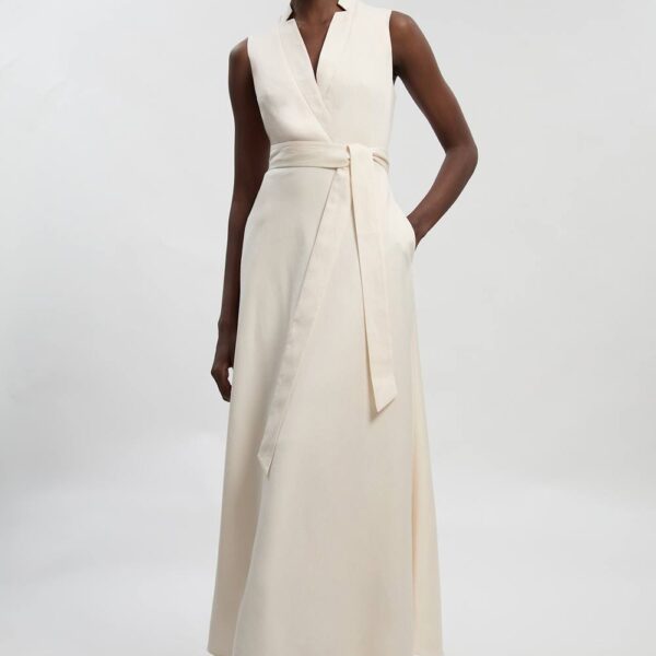 Karen Millen Women's Tailored Linen Wrap Tie Waisted Maxi Dress in Ivory | Size: 16