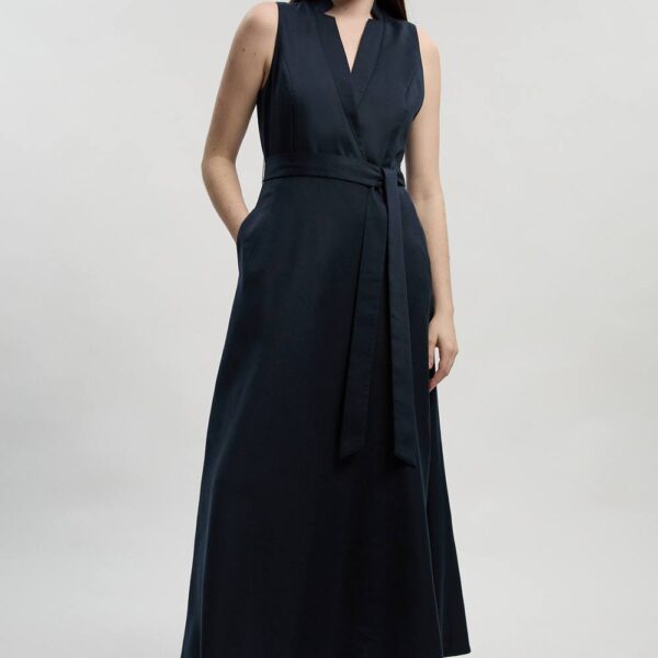 Karen Millen Women's Tailored Linen Wrap Tie Waisted Maxi Dress in Navy | Size: 16