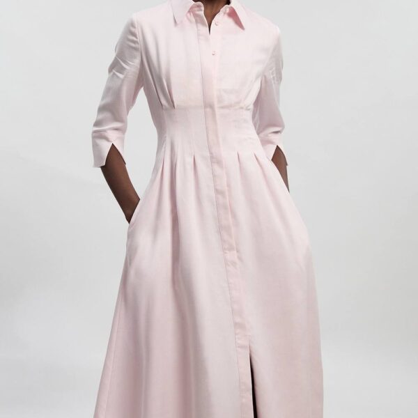 Karen Millen Women's Tailored Linen Darted Waist Midi Dress in Blush | Size: 12