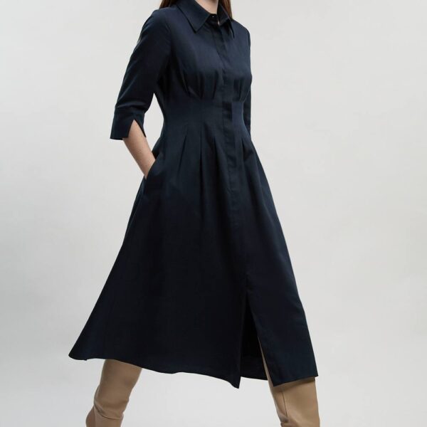 Karen Millen Women's Tailored Linen Darted Waist Midi Dress in Navy | Size: 14