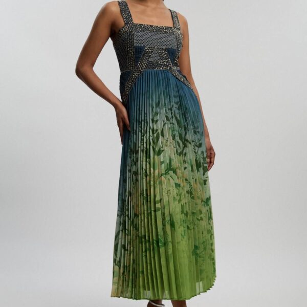 Karen Millen Women's Embellished Ombre Floral Pleated Woven Maxi Dress in Navy | Size: 16