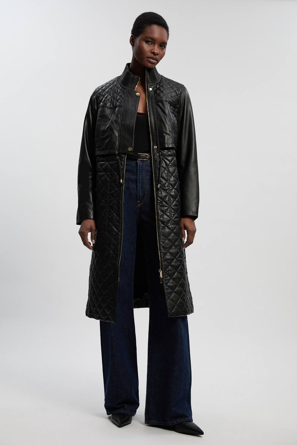 Karen Millen Women's Longline Quilted Leather Biker Jacket in Black | Size: 8