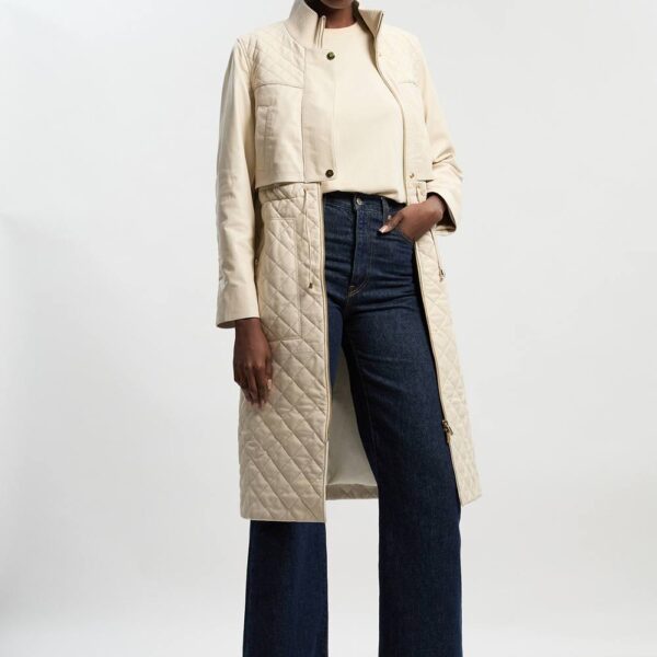 Karen Millen Women's Longline Quilted Leather Biker Jacket in Cream | Size: 12