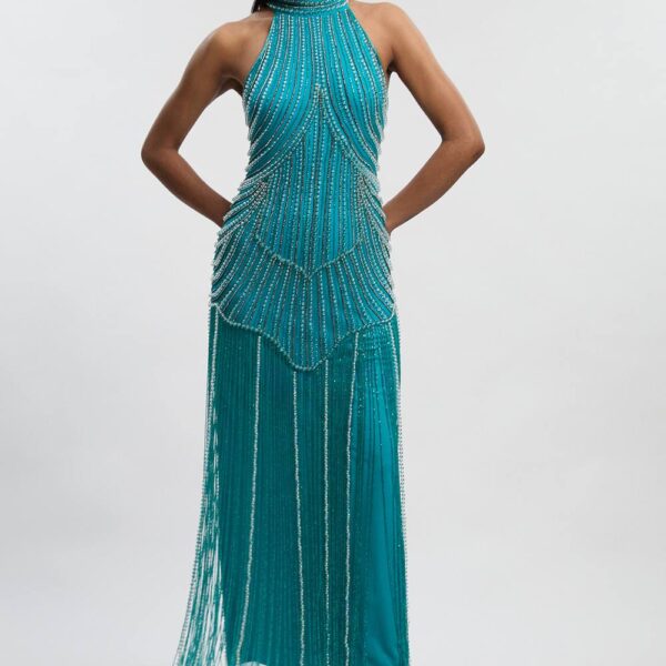 Karen Millen Women's Crystal Embellished Fringed Woven Midi Dress in Blue | Size: 8