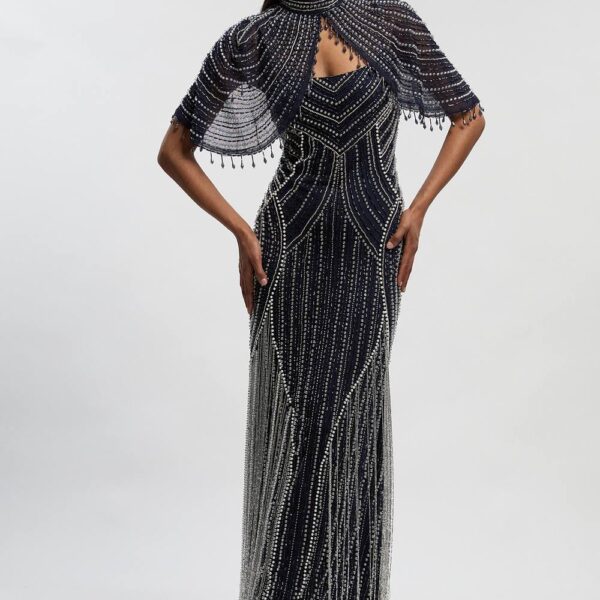 Karen Millen Women's Crystal Embellished Woven Maxi Dress With Removeable Cape in Navy | Size: 6