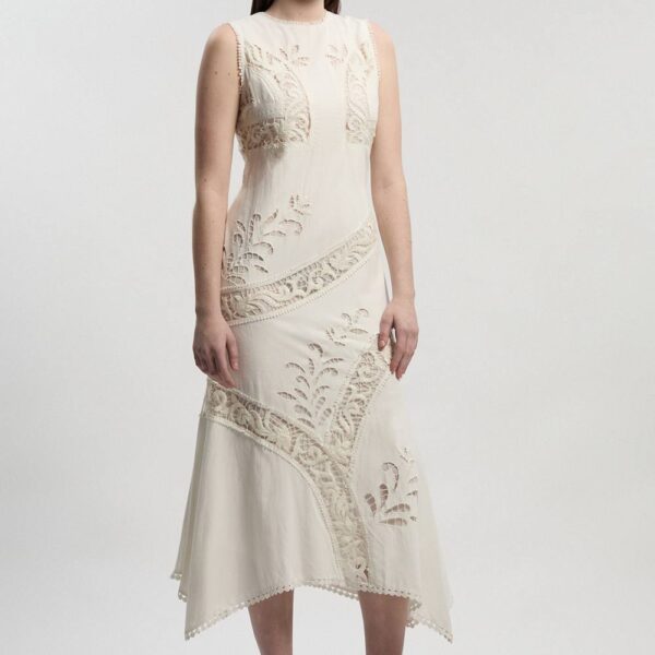 Karen Millen Women's Petite Cutwork & Embroidery Linen Viscose Woven Maxi Dress in Ivory | Size: 16
