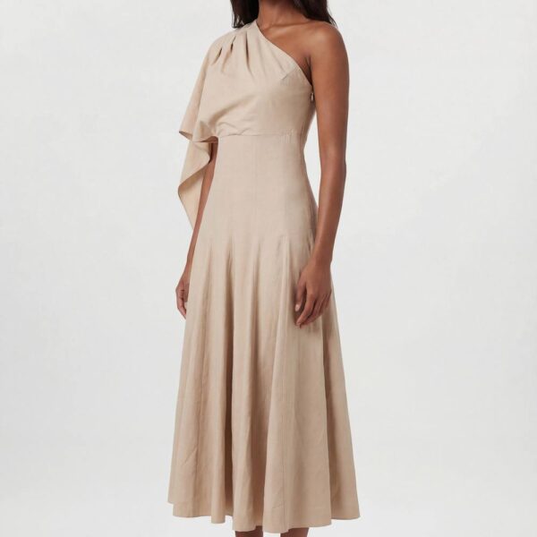 Karen Millen Women's Petite Premium Tailored Linen High Neck One Shoulder Full Midi Dress in Champagne | Size: 10