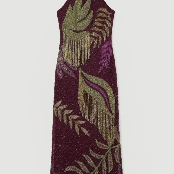 Karen Millen Women's Petite Tropical Beaded Strappy Back Woven Halter Maxi Dress in Purple | Size: 10