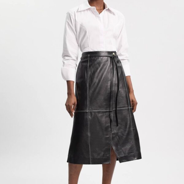 Karen Millen Women's Leather Tie Up Belted Midi Skirt in Black | Size: 14
