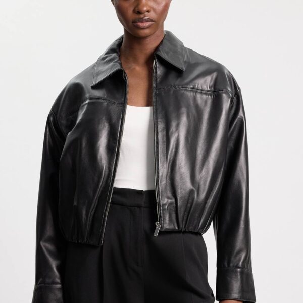 Karen Millen Women's Leather Collared Bomber Jacket in Black | Size: 16