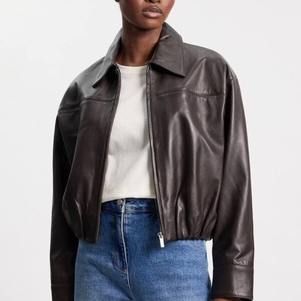 Karen Millen Women's Leather Collared Bomber Jacket in Chocolate | Size: 14