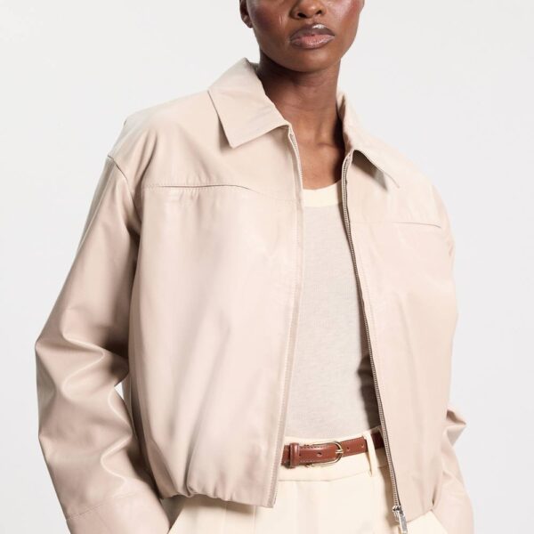 Karen Millen Women's Leather Collared Bomber Jacket in Cream | Size: 16