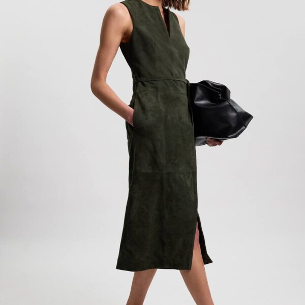 Karen Millen Women's Suede Tie Belt Midi Dress in Khaki | Size: 6