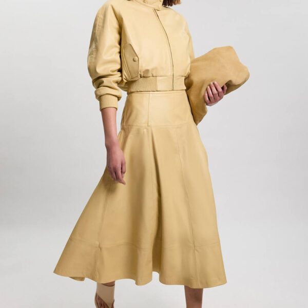 Karen Millen Women's Leather Bomber Jacket in Yellow | Size: 16