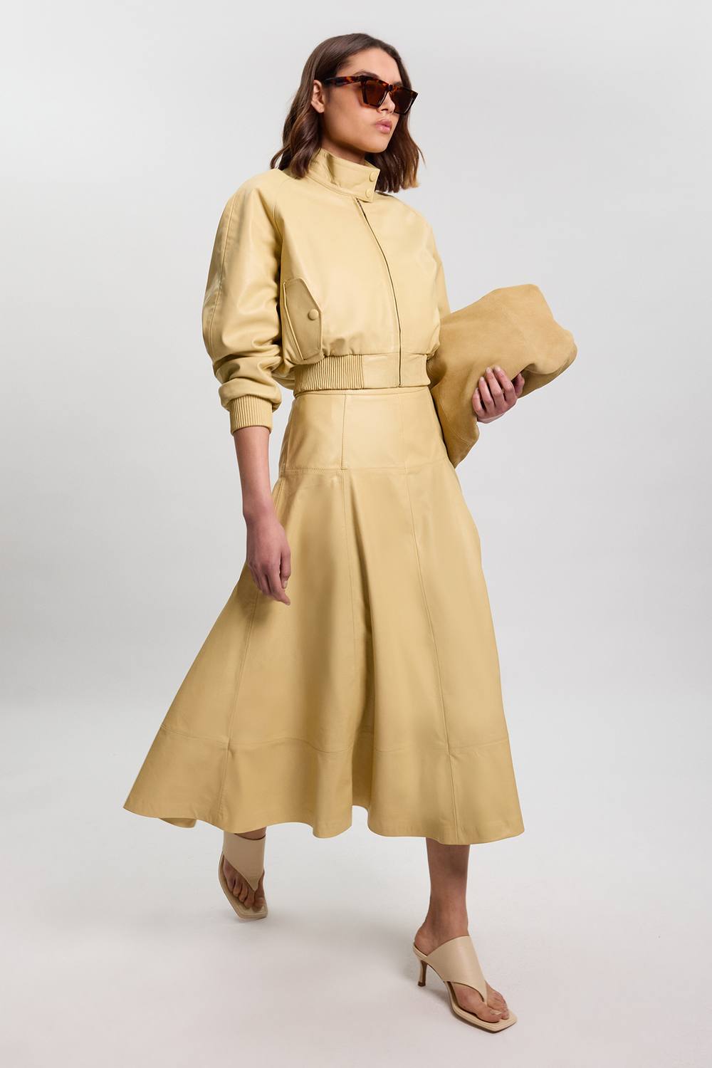 Karen Millen Women's Leather Bomber Jacket in Yellow | Size: 16