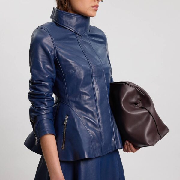 Karen Millen Women's Leather Zip Up Peplum Jacket in Navy | Size: 16