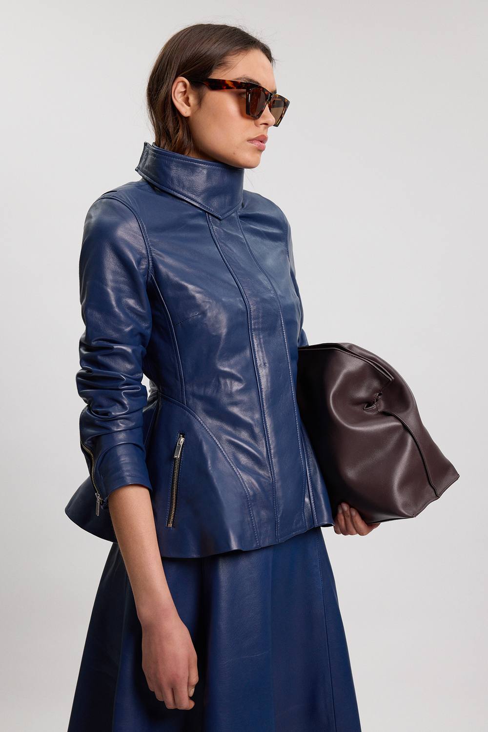 Karen Millen Women's Leather Zip Up Peplum Jacket in Navy | Size: 16