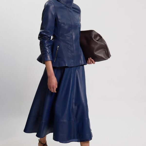 Karen Millen Women's Leather Full Skirt in Navy | Size: 8