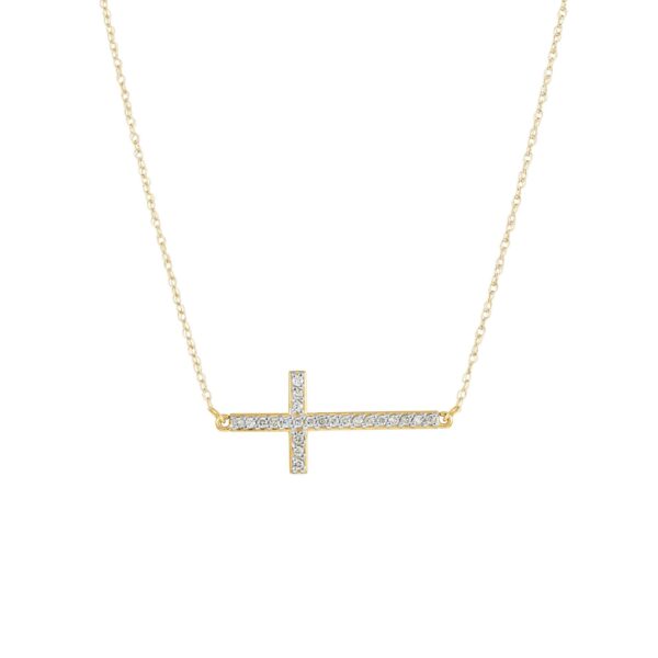 Diamond Embellished Curved Sideways Cross Pendant Necklace in 9ct Gold