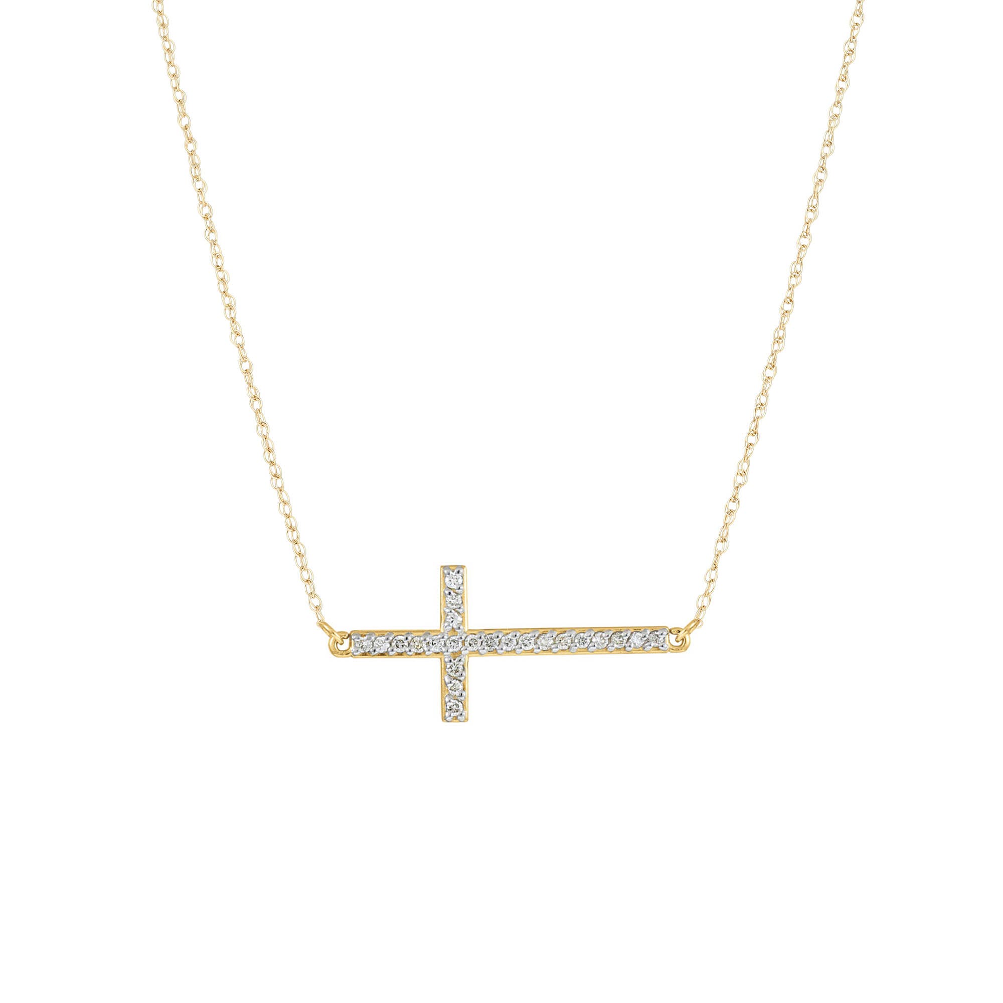 Diamond Embellished Curved Sideways Cross Pendant Necklace in 9ct Gold