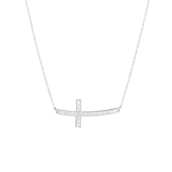 Diamond Embellished Curved Sideways Cross Pendant Necklace in 9ct White Gold