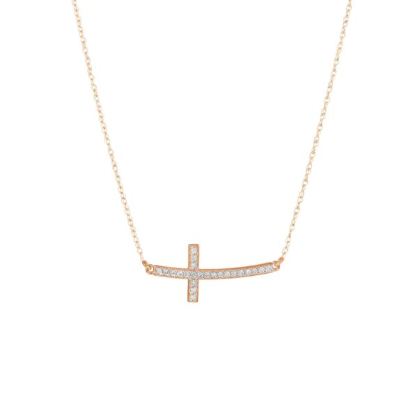 Diamond Curved Sideways Cross Pendant Necklace in 9ct Rose Gold