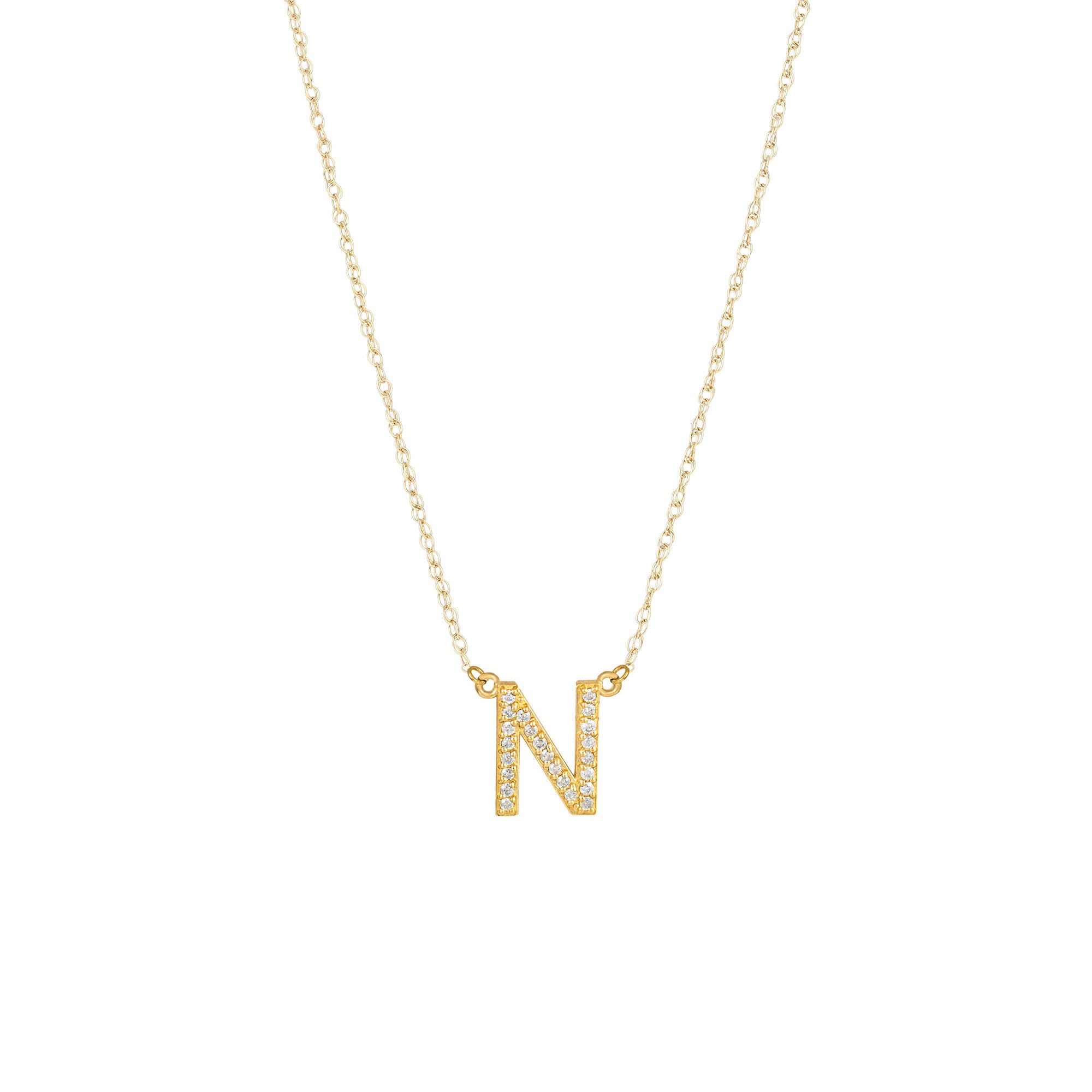 Letter N Diamond Embellished Initial Pendant Necklace in 9ct Gold