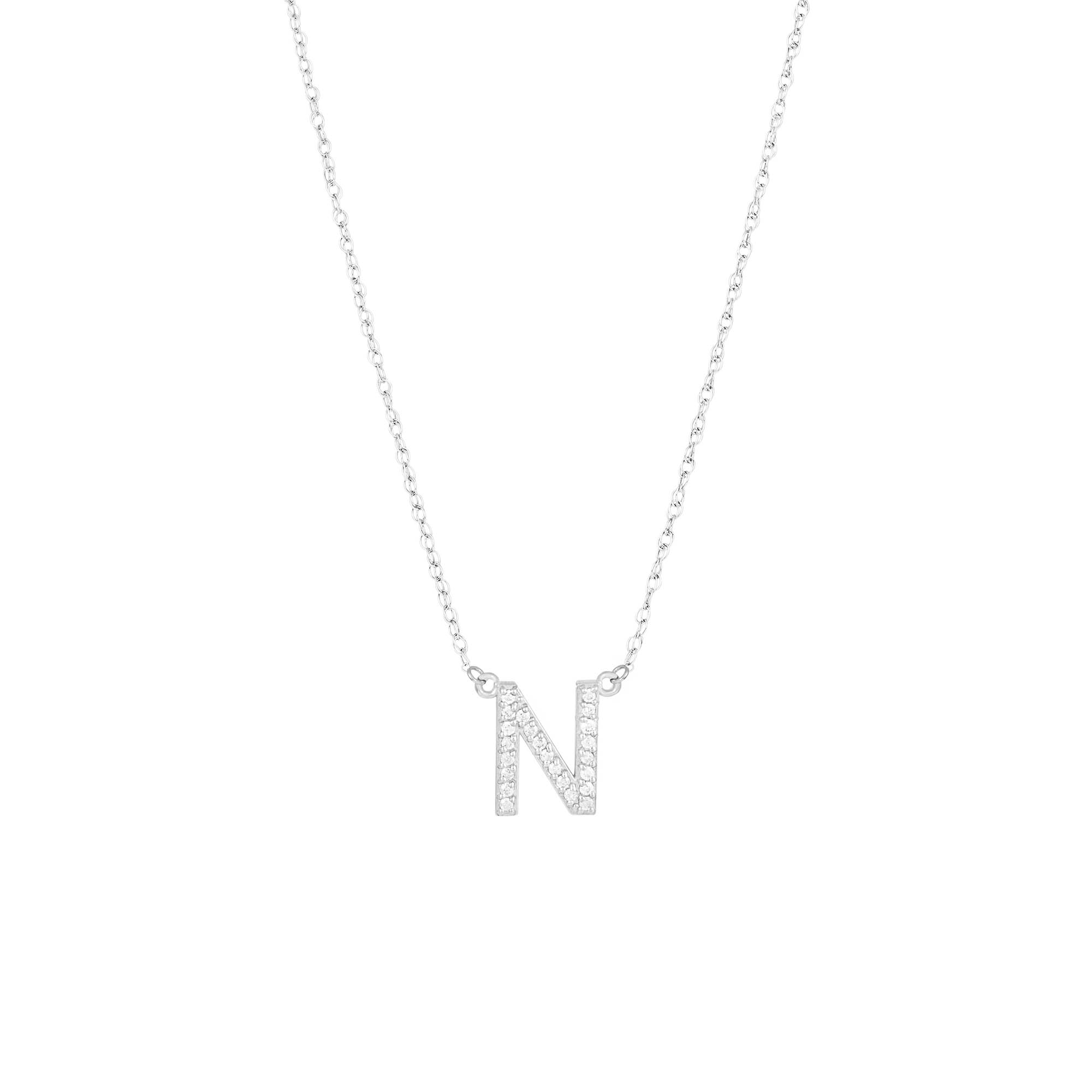 Letter N Diamond Embellished Initial Pendant Necklace in 9ct White Gold