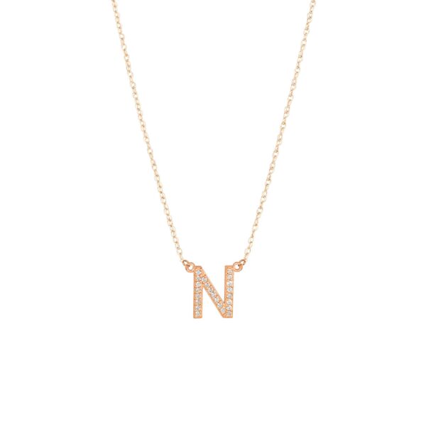 Letter N Diamond Embellished Initial Pendant Necklace in 9ct Rose Gold
